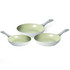Set of three ceramic non-stick frying pans with light green interior and grey handles