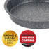Grey speckled carbon steel baking tin with Megastone non-stick coating feature icons