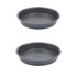 Set of two round non-stick speckled grey baking tins, shown empty, side view