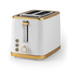 White and gold 2-slice toaster with ridged finish, front controls and browning dial.