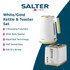 White and gold Salter kettle and toaster set on promotional banner, highlighting key features.