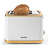 White and gold Salter toaster with two seeded slices of bread, front view.