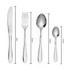 Four-piece silver stainless steel cutlery set shown: knife, fork, dessert spoon, teaspoon