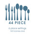 Diagram: 44 piece cutlery set for 6 place settings, made from 18/0 stainless steel.