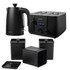 Matte black Salter kettle, 4-slice toaster, and three matching storage canisters.