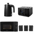 Black Salter kitchen set with kettle, 4-slice toaster, microwave, and three storage canisters