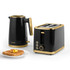 Black and gold kettle and toaster set with plate of toast, on white background