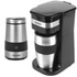 Stainless steel coffee grinder and black single-serve coffee maker with mug