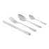 Set of four stainless steel cutlery pieces: knife, fork, dessert spoon, teaspoon.