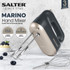 Salter Marino hand mixer in black and gold with whisk and beaters, countertop setting