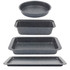 Set of four black speckled non-stick bakeware trays in assorted shapes