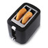 Black 2-slice toaster with sesame bagels inside, shown from above