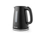 Black electric kettle with side water level window and handle, shown on white background