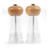 Set of two clear acrylic salt and pepper mills with natural wood tops.