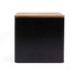 Black metal storage container with wooden lid, front view