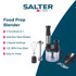 Salter food prep blender with attachments; promo graphic highlighting main features