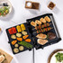 Electric grill with assorted grilled meats and vegetables, photographed from above