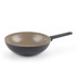 Non-stick brown wok pan with black handle, shown at an angle on white background