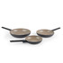 Set of three black non-stick frying pans with beige interior, different sizes