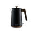 Black electric kettle with wood-effect handle and lid, shown upright on white background.