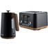 Black kettle and four-slice toaster with wood accents, countertop kitchen appliance set