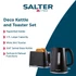 Black electric kettle and two-slice toaster set with chrome trim, side view