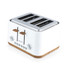 White four-slice toaster with wood effect details, angled front view