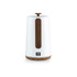 White electric kettle with wood-effect handle and base, rear view