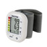 Wrist blood pressure monitor with large digital display, shown in grey and white.