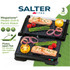 Salter Megastone health grill and panini maker with open flat plates, shown with food.