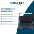 Salter stainless steel health grill with nonstick plates, shown open to display cooking surface.