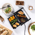 Black electric grill with open non-stick plates, countertop appliance shown for product listing