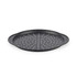 Grey non-stick pizza tray with perforated base, shown from an angle.