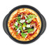 Grey non-stick pizza tray with perforated base, shown from an angle.