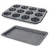 Set of grey non-stick speckled muffin tray and baking tray, shown empty