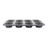 12-cup non-stick black muffin tin with grey speckled finish, shown from side angle