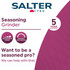 Promotional banner for Salter seasoning grinder, highlights adjustable grind and ceramic mechanism.