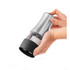 Stainless steel salt and pepper grinder with black accent, shown in use