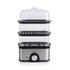 Stainless steel electric food steamer with two clear plastic tiers, shown front view
