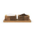 Salt and pepper in square acacia wood pinch pots on a matching tray