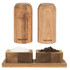 Set of wooden salt and pepper shakers with matching bowls on wooden tray