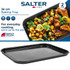36 cm non-stick baking tray, rectangular, black, shown empty and with roasted vegetables and chicken