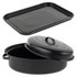 Black oval roasting tin with lid and matching black enamel baking tray