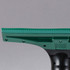 Green handheld window squeegee with serrated rubber blade shown on grey background