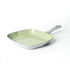 Square green ceramic grill pan with grey handle, shown at an angle on white background