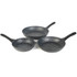 Set of three black speckled non-stick frying pans with handles.