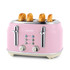 Pink 4-slice toaster with silver controls, shown with four slices of seeded bread
