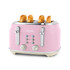 Pink 4-slice toaster with silver controls, shown with four slices of seeded bread