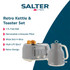 Grey retro kettle and 4-slice toaster set with wide slots and high lift eject, Salter brand.