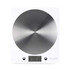 White digital kitchen scale with stainless steel platform on worktop, shown with baking ingredients